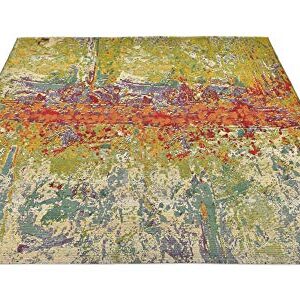 Unique Loom Modern Collection Rustic, Abstract, Distressed, Bright Colors, Indoor and Outdoor Area Rug, 6 ft 0 in x 6 ft 0 in, Multi/Green