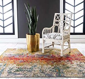 Unique Loom Modern Collection Rustic, Abstract, Distressed, Bright Colors, Indoor and Outdoor Area Rug, 6 ft 0 in x 6 ft 0 in, Multi/Green