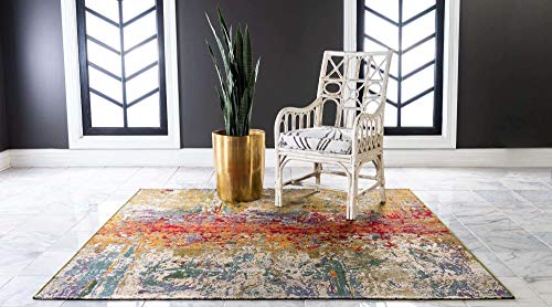 Unique Loom Modern Collection Rustic, Abstract, Distressed, Bright Colors, Indoor and Outdoor Area Rug, 6 ft 0 in x 6 ft 0 in, Multi/Green