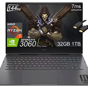 HP OMEN 16 16.1" FHD 144Hz Gaming Laptop (AMD 8-Core Ryzen 7 6800H (Beat i9-11900H), 32G DDR5 RAM, 1TB SSD, Geforce RTX 3060 6GB) RGB Backlit, WiFi 6E, 7ms, IST Cable, Win11 Home