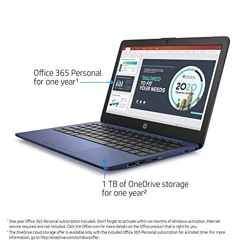 HP Stream 11.6-inch HD Laptop, Intel Celeron N4000, 4 GB RAM, 32 GB eMMC, Windows 10 Home in S Mode with Office 365 Personal for 1 Year (11-ak0010nr, Royal Blue)