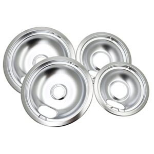 w10196405 and w10196406 chrome oil drip pans replacement set compatible with whirlpool electric range- includes 2 6-inch and 2 8-inch pans, 4 pack, silver