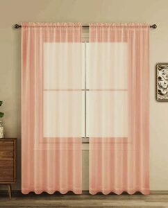 wpm peach color window sheer treatment panels beautiful rod pocket voile elegance curtains drapes for living room, bedroom, kitchen fully stitched, set of 2 (blush pink, 84″ inch long)