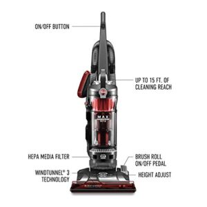 Hoover WindTunnel 3 Max Performance Pet, Bagless Upright Vacuum Cleaner, HEPA Media Filtration, For Carpet and Hard Floor, UH72625, Red