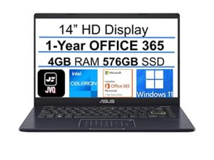 asus newest 14″ hd laptop, intel celeron n4020 processor(up to 2.8ghz), 576gb ssd(64gb emmc+ 512gb ssd), 4gb ram, webcam, intel hd graphics, bluetooth, win11 s + 1 year office 365, star black