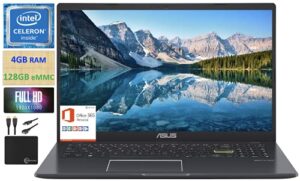 2021 flagship asus laptop 15.6″ thin light laptop computer, 15.6″ fhd display, intel celeron n4020 (up to 2.8ghz),4gb ram, 128gb emmc,webcam,wifi, backlit keyboard，microsoft 365,win10 s+marxsol cables