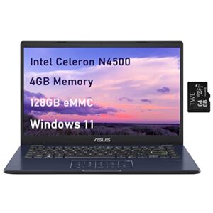 ASUS E410 14" Laptop, Intel Celeron N4500, 4GB RAM, 128GB eMMC SSD, Windows 11 Home in S Mode, TWE 64GB Micro SD Card, Star Black