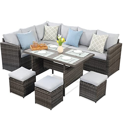 Wisteria Lane Outdoor Patio Furniture Set, 7 Piece Outdoor Dining Sectional Sofa with Dining Table and Chair, All Weather Wicker Conversation Set with Ottoman, Grey