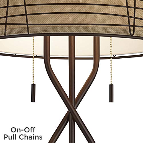 Franklin Iron Works Marlowe Industrial Rustic Farmhouse Lamp Floor Standing 60 1/2" Tall Bronze Woven Iron Metal Burlap Fabric Double Drum Shade for Living Room Reading Bedroom Office House Home