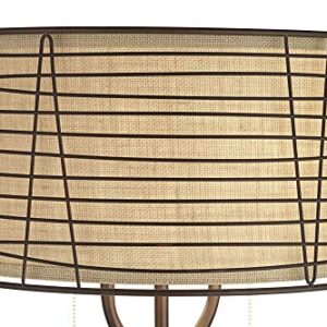 Franklin Iron Works Marlowe Industrial Rustic Farmhouse Lamp Floor Standing 60 1/2" Tall Bronze Woven Iron Metal Burlap Fabric Double Drum Shade for Living Room Reading Bedroom Office House Home