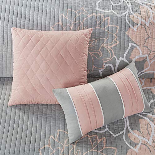 Madison Park Lola 100% Cotton Quilt Set - Casual Floral Channel Stitching Design, All Season, Lightweight Coverlet Bedspread Bedding, Shams, Decorative Pillows, King/Cal King(104"x94"), Blush 6 Piece