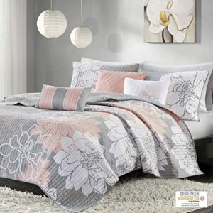 Madison Park Lola 100% Cotton Quilt Set - Casual Floral Channel Stitching Design, All Season, Lightweight Coverlet Bedspread Bedding, Shams, Decorative Pillows, King/Cal King(104"x94"), Blush 6 Piece