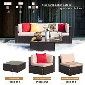 Homall 4 Pieces Patio Outdoor Furniture Sets, All Weather PE Rattan Wicker Sectional Sofa Modern Manual Conversation Sets with Cushions and Glass Table for Lawn Backyard Garden Poolside（Beige）