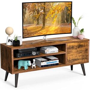 retro tv stand with storage for tvs up to 55 in, rustic brown tv stand for media, mid century modern tv stand & entertainment center with shlef，wood tv console table for living room bedroom, aprts01