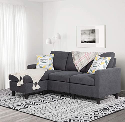 Shintenchi Convertible Sectional Sofa Couch, Modern Linen Fabric L-Shaped , 3-Seat Sofa Sectional with Reversible Chaise for Living Room, Apartment and Small Space (Dark Grey)