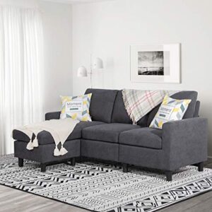 Shintenchi Convertible Sectional Sofa Couch, Modern Linen Fabric L-Shaped , 3-Seat Sofa Sectional with Reversible Chaise for Living Room, Apartment and Small Space (Dark Grey)