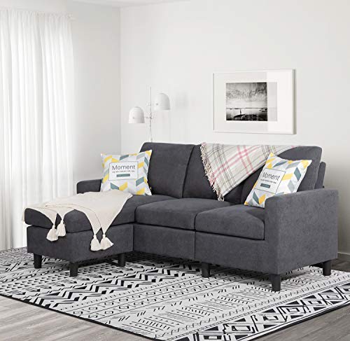 Shintenchi Convertible Sectional Sofa Couch, Modern Linen Fabric L-Shaped , 3-Seat Sofa Sectional with Reversible Chaise for Living Room, Apartment and Small Space (Dark Grey)