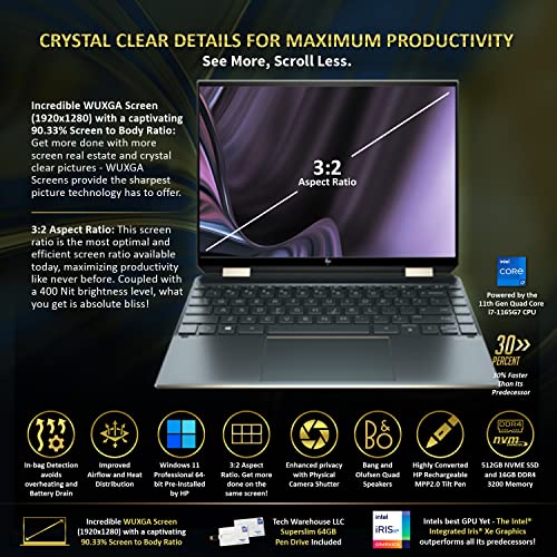 HP Spectre x360 Luxury 14T,13.5" 3:2 WUXGA Touch,Intel i7-1165G7, 16GB RAM, 512GB SSD, Win 11 Pro, Bang&Olufsen Quad Speakers, Fingerprint, Tilt Pen, Poseidon Blue, 64GB TechWarehouse Flash Drive