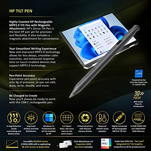 HP Spectre x360 Luxury 14T,13.5" 3:2 WUXGA Touch,Intel i7-1165G7, 16GB RAM, 512GB SSD, Win 11 Pro, Bang&Olufsen Quad Speakers, Fingerprint, Tilt Pen, Poseidon Blue, 64GB TechWarehouse Flash Drive