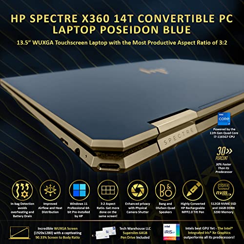 HP Spectre x360 Luxury 14T,13.5" 3:2 WUXGA Touch,Intel i7-1165G7, 16GB RAM, 512GB SSD, Win 11 Pro, Bang&Olufsen Quad Speakers, Fingerprint, Tilt Pen, Poseidon Blue, 64GB TechWarehouse Flash Drive