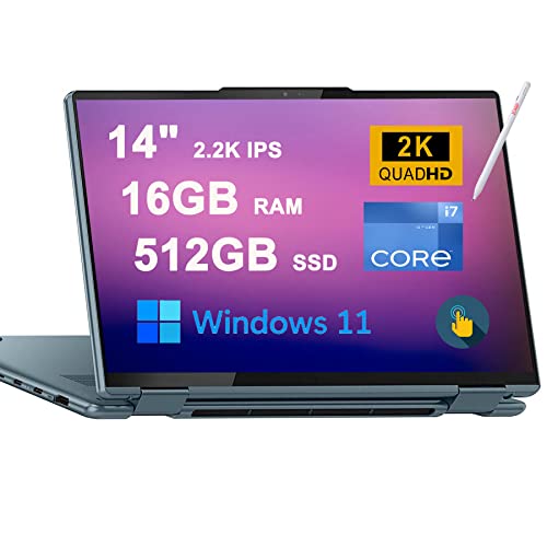 Lenovo Yoga 7i 14 2-in-1 Laptop 14" 2.2K IPS Touchscreen (300 nits, 100% sRGB, TÜV Low Blue Light) 12th Gen Intel 10-Core i7-1255U 16GB RAM 512GB SSD Backlit Fingerprint Thunderbolt Win11 Blue + Pen