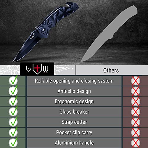 Black Pocket Knife - Serrated Sharp 3,5" Blade Folding Knives - Spring Assisted EDC Tactical Hunting Camping Knofe with Wire Cutter Glass Breaker and Pocket Clip for Men Women - Best Gift Idea HB 207