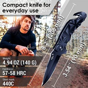 Black Pocket Knife - Serrated Sharp 3,5" Blade Folding Knives - Spring Assisted EDC Tactical Hunting Camping Knofe with Wire Cutter Glass Breaker and Pocket Clip for Men Women - Best Gift Idea HB 207