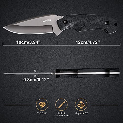 GVDV Full Tang Fixed Blade Knife with Sheath, 3.9-inch Blade Hunting Knife with TPE Handle, Tactical Knife for Camping Hiking Fishing Survival, Christmas Gifts for Men Dad Husband, Black