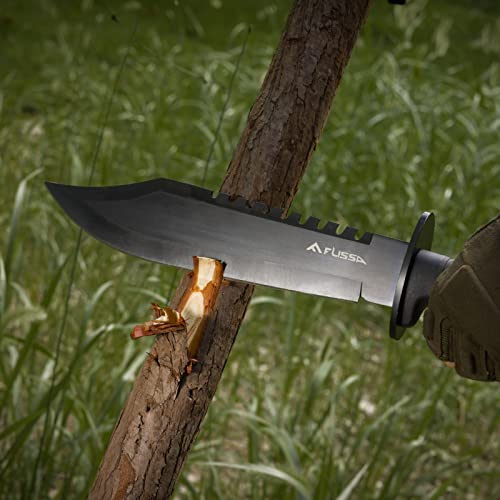 FLISSA Survival Hunting Knife with Sheath, 15-inch Fixed Blade Tactical Bowie Knife with Sharpener & Fire Starter for Camping, Outdoor, Bushcraft