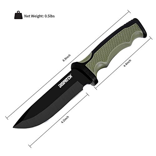 Dispatch Tactical Fixed Blade Knife Bushcraft Survival Hunting Tool, Non-slip Stylish Handle, with Practical Sheath, for Camping, Hunting, Adventure, 9'' Closed