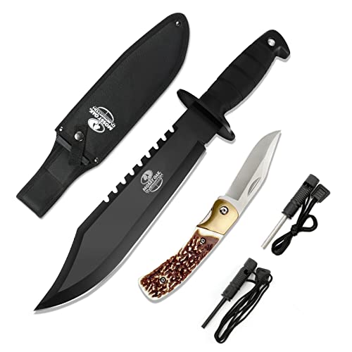 MOSSY OAK 15-inch Survival Bowie Knife & Folding Pocket Knife, Fixed Blade Hunting Knife with Sheath, Sharpener and Fire Starter Inculded, Tactical Bowie Knife for Camping, Hunting, Outdoor