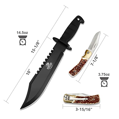 MOSSY OAK 15-inch Survival Bowie Knife & Folding Pocket Knife, Fixed Blade Hunting Knife with Sheath, Sharpener and Fire Starter Inculded, Tactical Bowie Knife for Camping, Hunting, Outdoor