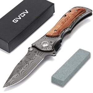 gvdv pocket folding knife with 7cr17 stainless steel, tactical knife for camping hunting hiking, safety liner-lock + belt clip, wooden handle, father’s day gifts for men husband dad