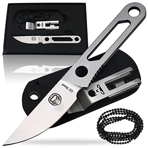 Neck Knife | Fixed Blade Utility Knife D2 W Sheath | Belt Clip Bushcraft Outdoor Knife |Full Tang Tactical Survival Knife Kit (Silver)