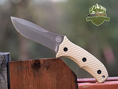 Off-Grid Knives - Backcountry Coyote V2 Fixed Blade - Cryo D2 Steel Knife with Graywash Finish, Full Tang, Coyote Tan G10 Scales, Kydex Sheath, Bushcraft, Hunting, Survival, Camping, Tactical Use