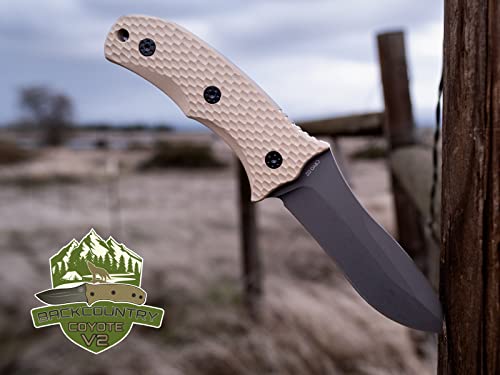 Off-Grid Knives - Backcountry Coyote V2 Fixed Blade - Cryo D2 Steel Knife with Graywash Finish, Full Tang, Coyote Tan G10 Scales, Kydex Sheath, Bushcraft, Hunting, Survival, Camping, Tactical Use