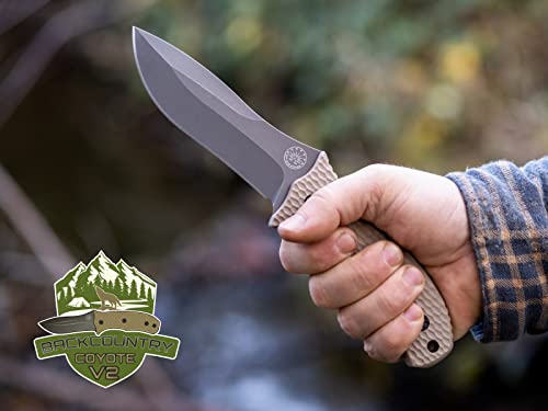 Off-Grid Knives - Backcountry Coyote V2 Fixed Blade - Cryo D2 Steel Knife with Graywash Finish, Full Tang, Coyote Tan G10 Scales, Kydex Sheath, Bushcraft, Hunting, Survival, Camping, Tactical Use