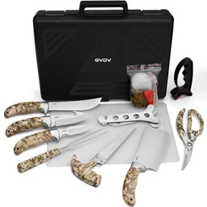 GVDV Hunting Knife Set - 15 Pieces Butcher Game Processing Kit for Men, Portable Field Dressing Kit with Gut Hook Skinner Knife, Cleaver Knife, Game Shears, Bone Saw, BBQ Fork, Hunting Gifts for Men