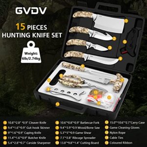 GVDV Hunting Knife Set - 15 Pieces Butcher Game Processing Kit for Men, Portable Field Dressing Kit with Gut Hook Skinner Knife, Cleaver Knife, Game Shears, Bone Saw, BBQ Fork, Hunting Gifts for Men