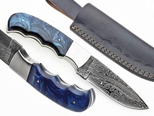 onehope blades handmade damascus steel hunting knife with leather sheath, 8 inches fixed blade tactical survival hand forged hunting bushcraft camping knife (blue)