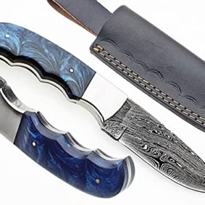 ONEHOPE BLADES Handmade Damascus Steel Hunting Knife With Leather Sheath, 8 inches Fixed Blade Tactical Survival Hand Forged Hunting Bushcraft Camping Knife (BLUE)