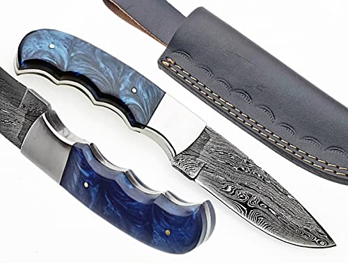 ONEHOPE BLADES Handmade Damascus Steel Hunting Knife With Leather Sheath, 8 inches Fixed Blade Tactical Survival Hand Forged Hunting Bushcraft Camping Knife (BLUE)