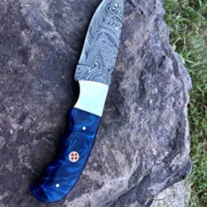 ONEHOPE BLADES Handmade Damascus Steel Hunting Knife With Leather Sheath, 8 inches Fixed Blade Tactical Survival Hand Forged Hunting Bushcraft Camping Knife (BLUE)