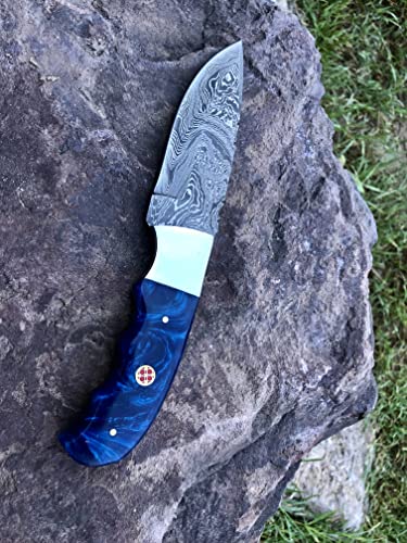 ONEHOPE BLADES Handmade Damascus Steel Hunting Knife With Leather Sheath, 8 inches Fixed Blade Tactical Survival Hand Forged Hunting Bushcraft Camping Knife (BLUE)