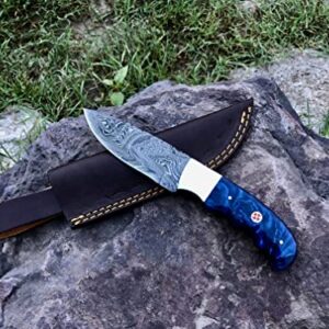 ONEHOPE BLADES Handmade Damascus Steel Hunting Knife With Leather Sheath, 8 inches Fixed Blade Tactical Survival Hand Forged Hunting Bushcraft Camping Knife (BLUE)