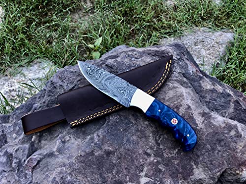 ONEHOPE BLADES Handmade Damascus Steel Hunting Knife With Leather Sheath, 8 inches Fixed Blade Tactical Survival Hand Forged Hunting Bushcraft Camping Knife (BLUE)