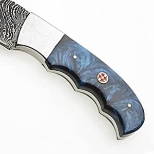 ONEHOPE BLADES Handmade Damascus Steel Hunting Knife With Leather Sheath, 8 inches Fixed Blade Tactical Survival Hand Forged Hunting Bushcraft Camping Knife (BLUE)