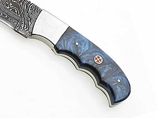 ONEHOPE BLADES Handmade Damascus Steel Hunting Knife With Leather Sheath, 8 inches Fixed Blade Tactical Survival Hand Forged Hunting Bushcraft Camping Knife (BLUE)