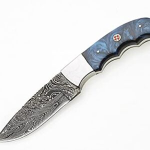 ONEHOPE BLADES Handmade Damascus Steel Hunting Knife With Leather Sheath, 8 inches Fixed Blade Tactical Survival Hand Forged Hunting Bushcraft Camping Knife (BLUE)