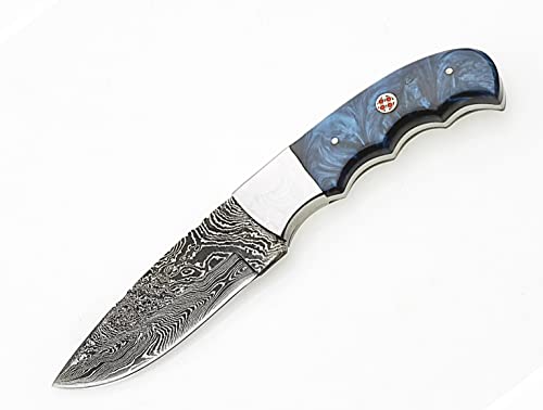 ONEHOPE BLADES Handmade Damascus Steel Hunting Knife With Leather Sheath, 8 inches Fixed Blade Tactical Survival Hand Forged Hunting Bushcraft Camping Knife (BLUE)